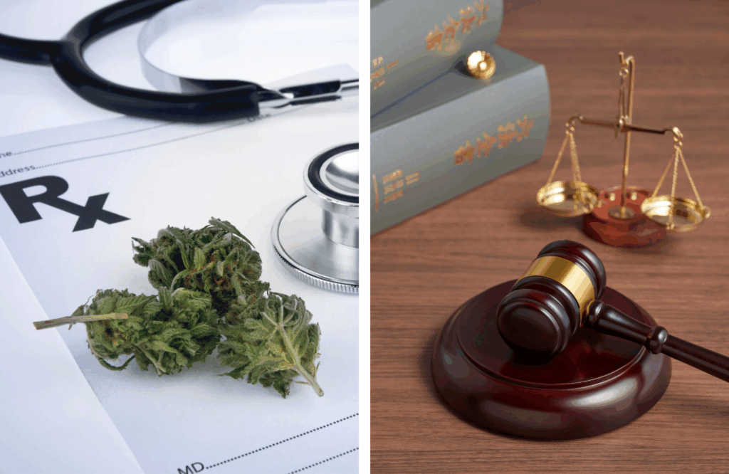 Medical marijuana buds on a prescription form next to a stethoscope, paired with a gavel and legal scales—illustrating the intersection of cannabis law reform and criminal justice in Texas.
