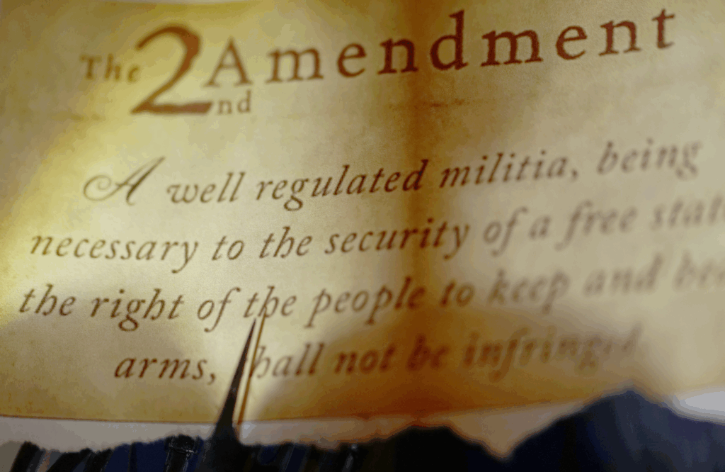 Close-up of the Second Amendment text, referencing Texas’s new ban on red-flag laws.