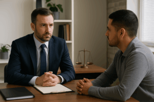 Houston criminal defense attorney meeting with client about false sexual assault allegations