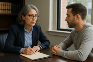 Attorney meeting with a man accused of indecency with a child in Houston during a legal consultation.