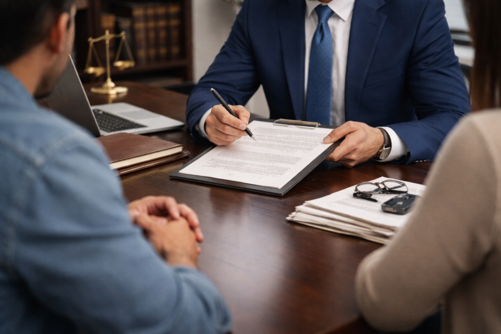 Houston criminal defense attorney consultation reviewing legal documents with clients during a confidential case discussion