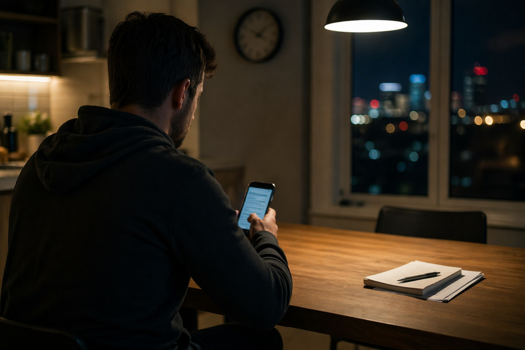 Man in Houston sitting at a table at night looking at his phone, reflecting concern about a potential sex crime investigation