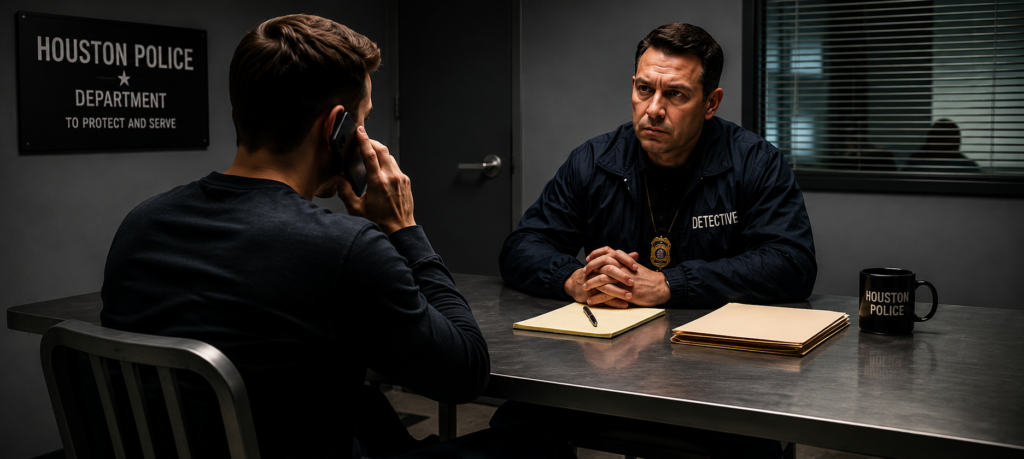 Houston detective interviewing a man during a criminal investigation.
