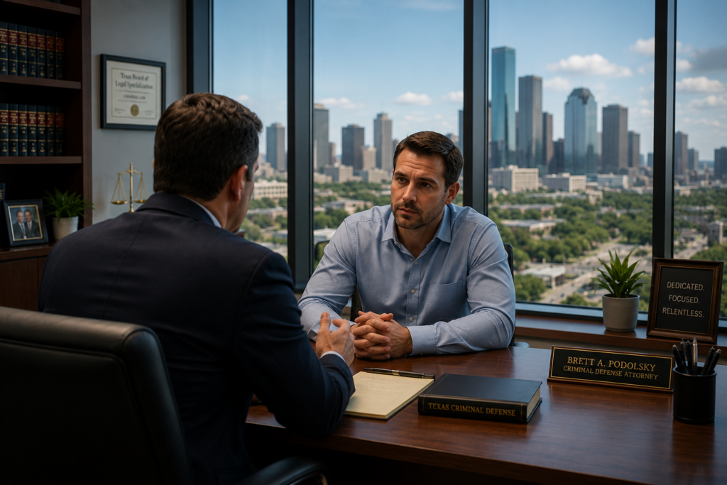 ouston criminal defense attorney advising a client before answering questions from police investigators.