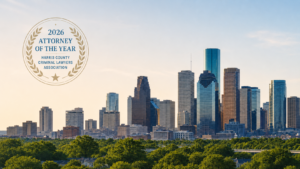 Hazy Houston skyline with 2026 Attorney of the Year seal for Houston sex crimes attorney Brett Podolsky