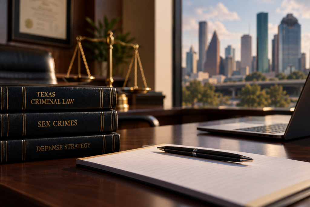 Houston sex crimes defense attorney office with Texas criminal law books and legal notepad