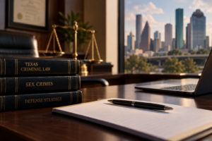 Houston sex crimes defense attorney office with Texas criminal law books and legal notepad